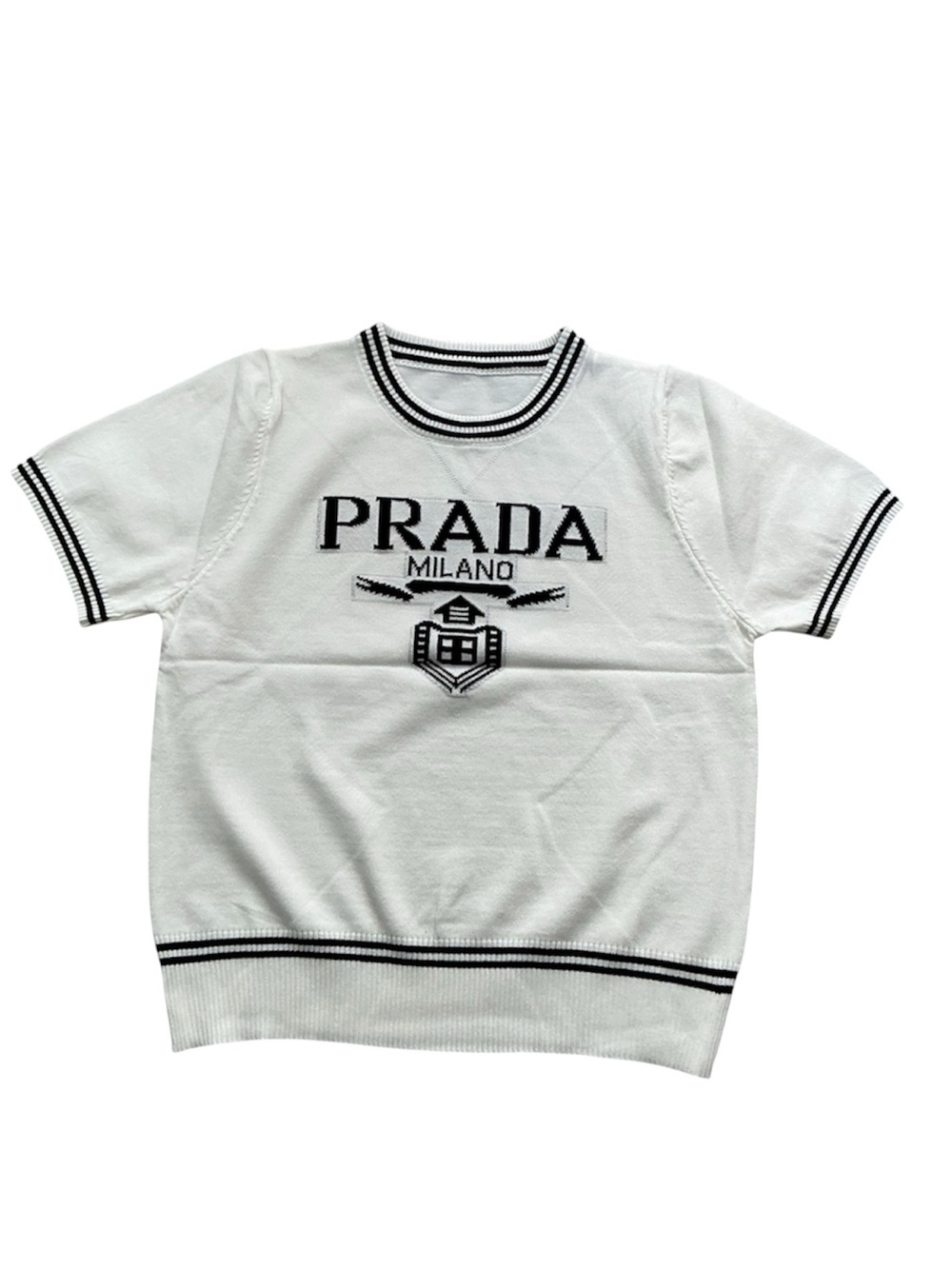Prada White Knit Tee with Black Logo Trim